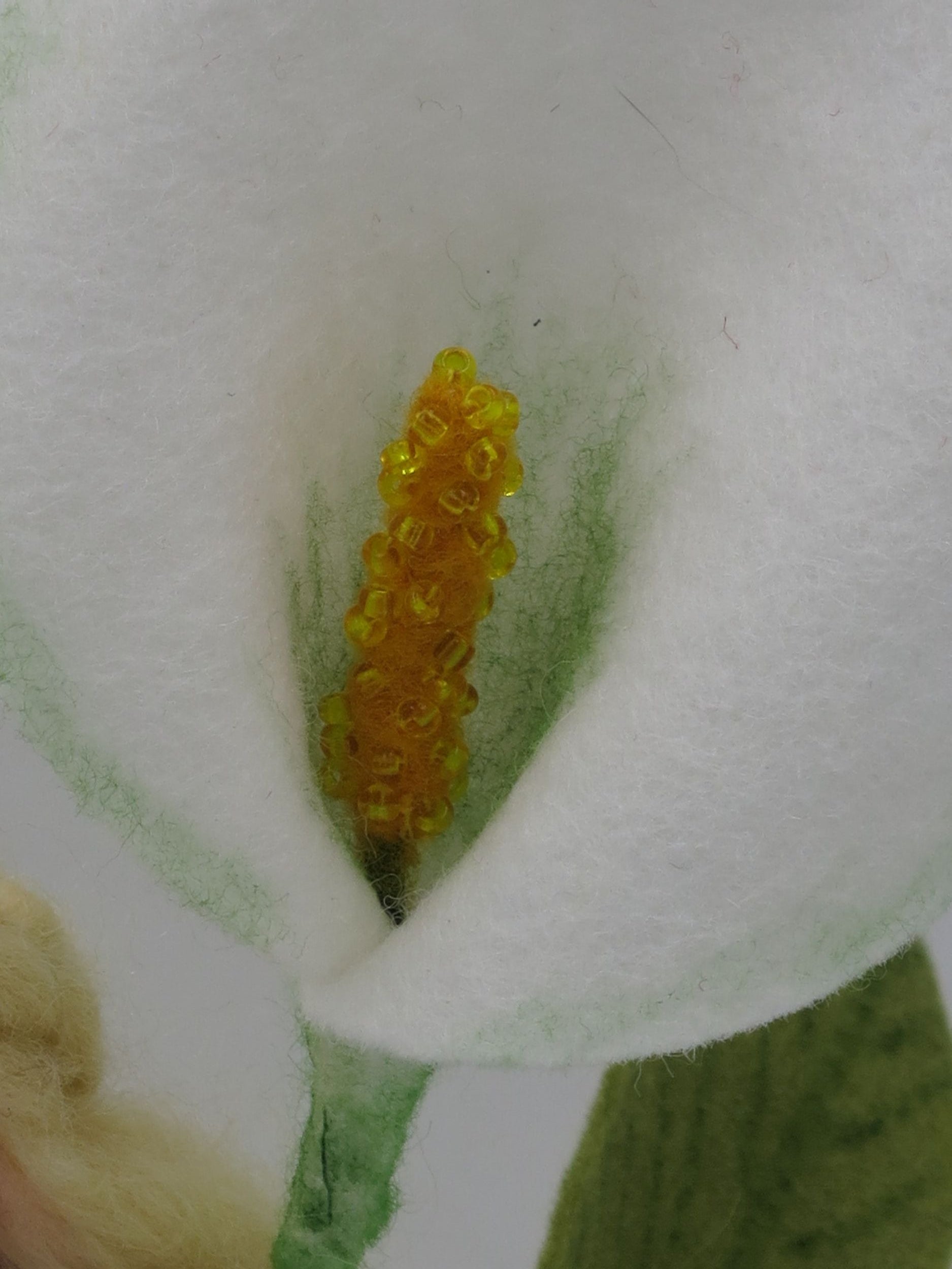 Detail der weißen Calla-Blüte aus Filz mit grün schattiertem Ansatz und handgearbeitetem gelbem Blütenkolben