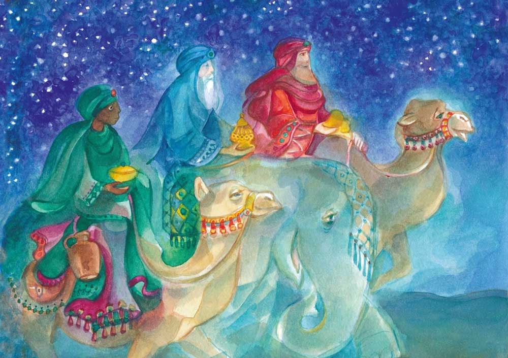 Postkarte fuer Kinder: Heilige Drei Koenige auf Kamelen unter Sternenhimmel, Postkarte von Marie Laure Viriot