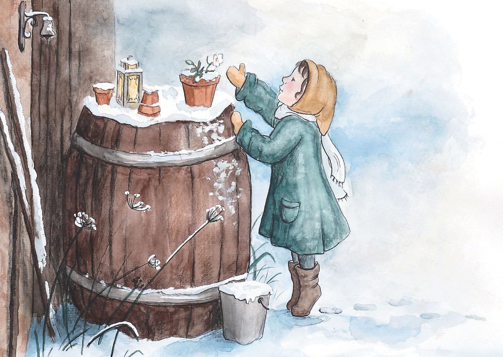 Postkarte fuer Kinder: Maedchen betrachtet Christrose im Schnee, Kunst-Postkarte von Raphaela Berendt