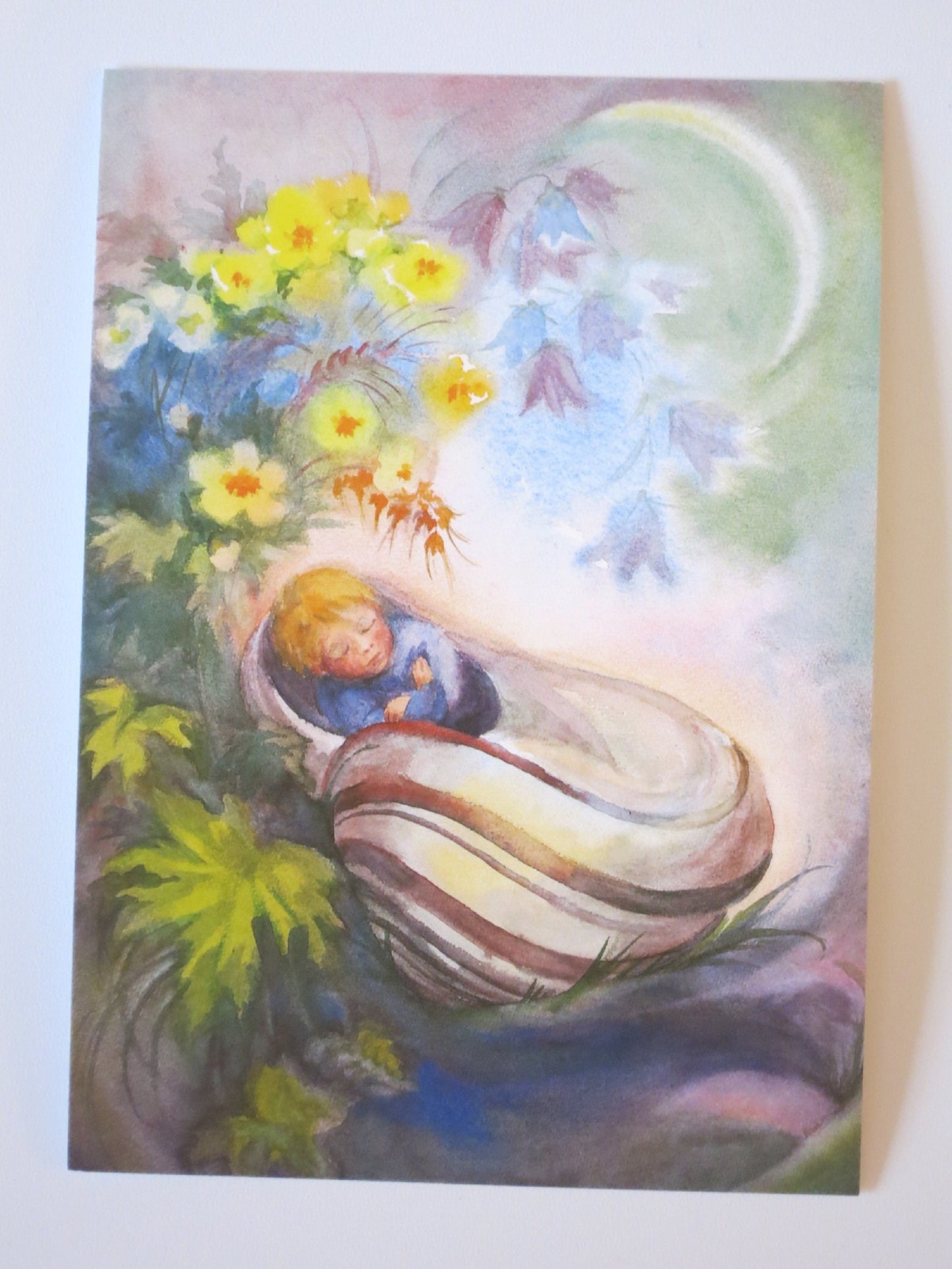 Postkarte Daeumling von Margret von Borstel: schlafendes Kind in Schneckenhaus-Wiege