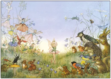 Postkarte Das Blumenballett – tanzende Elfen und Waldtiere auf der Wiese, Illustration von Molly Brett