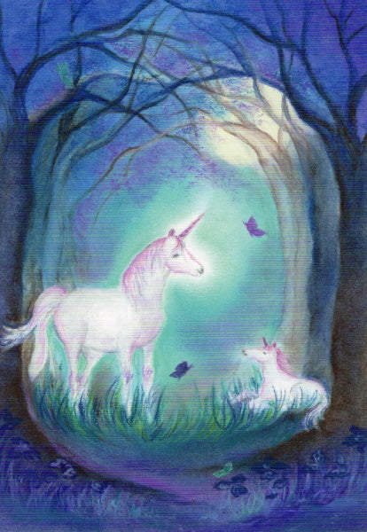 Waldorf Postkarte Das Einhorn von Baukje Exler – Einhorn mit Fohlen im Mondlicht