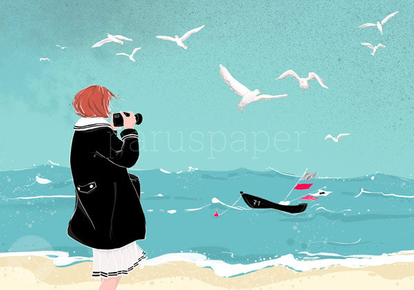 Postkarte Den Moment festhalten: Fotografin am Strand mit Möwen – PKGR65