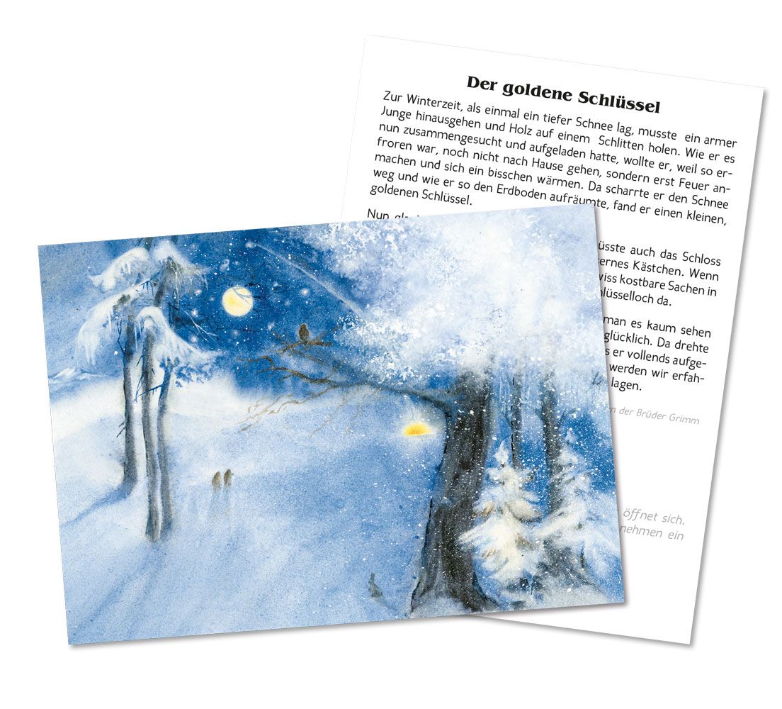 Verschickgeschichte Der goldene Schlüssel von Cornelia Haendler – verschneiter Waldweg im Mondlicht, PKWI235