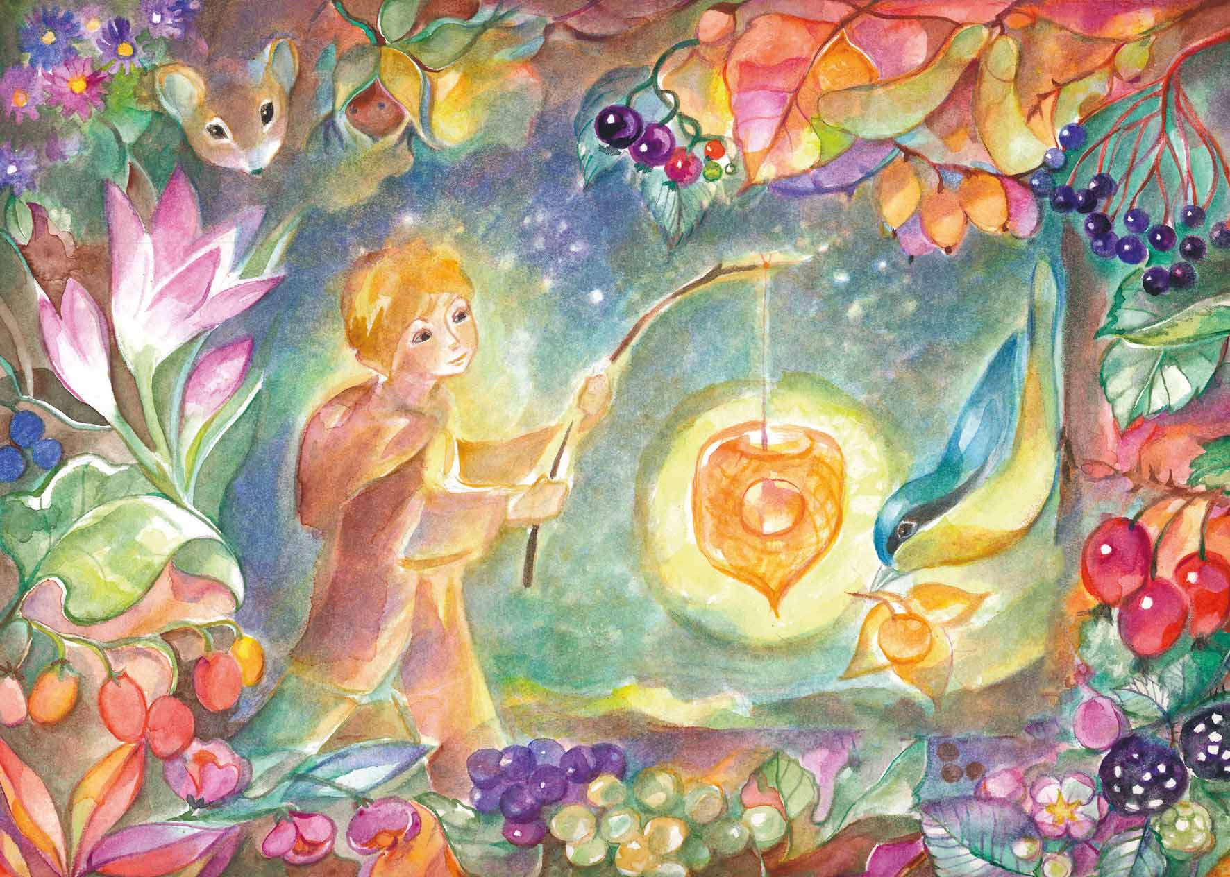 Aquarell-Postkarte Der Kleiber mit leuchtender Lampionblume, Marie Laure Viriot, Art. PKHE73