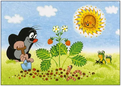 Postkarte Der kleine Maulwurf – die beliebte Zeichentrickfigur gaertnert zwischen Erdbeeren, von Zdenek Miler