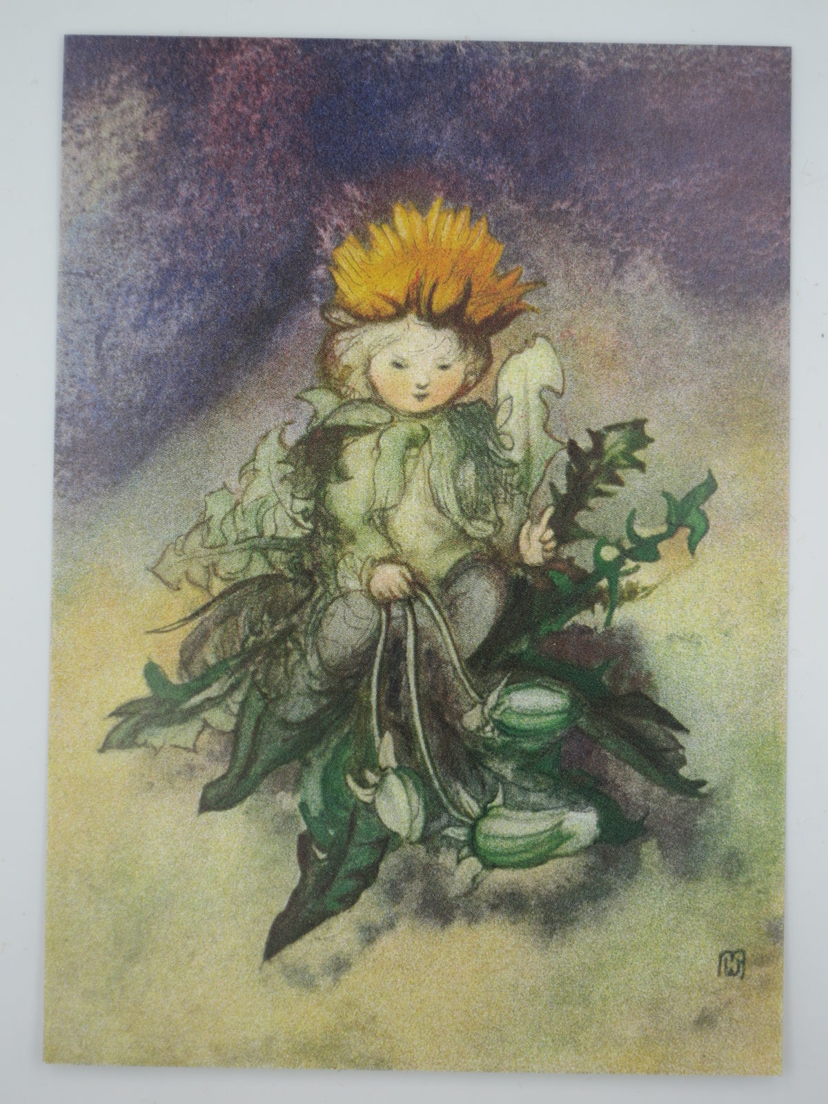 Waldorf Postkarte Der kleine Postillion von Mili Weber: Löwenzahnkind als Naturfabelwesen