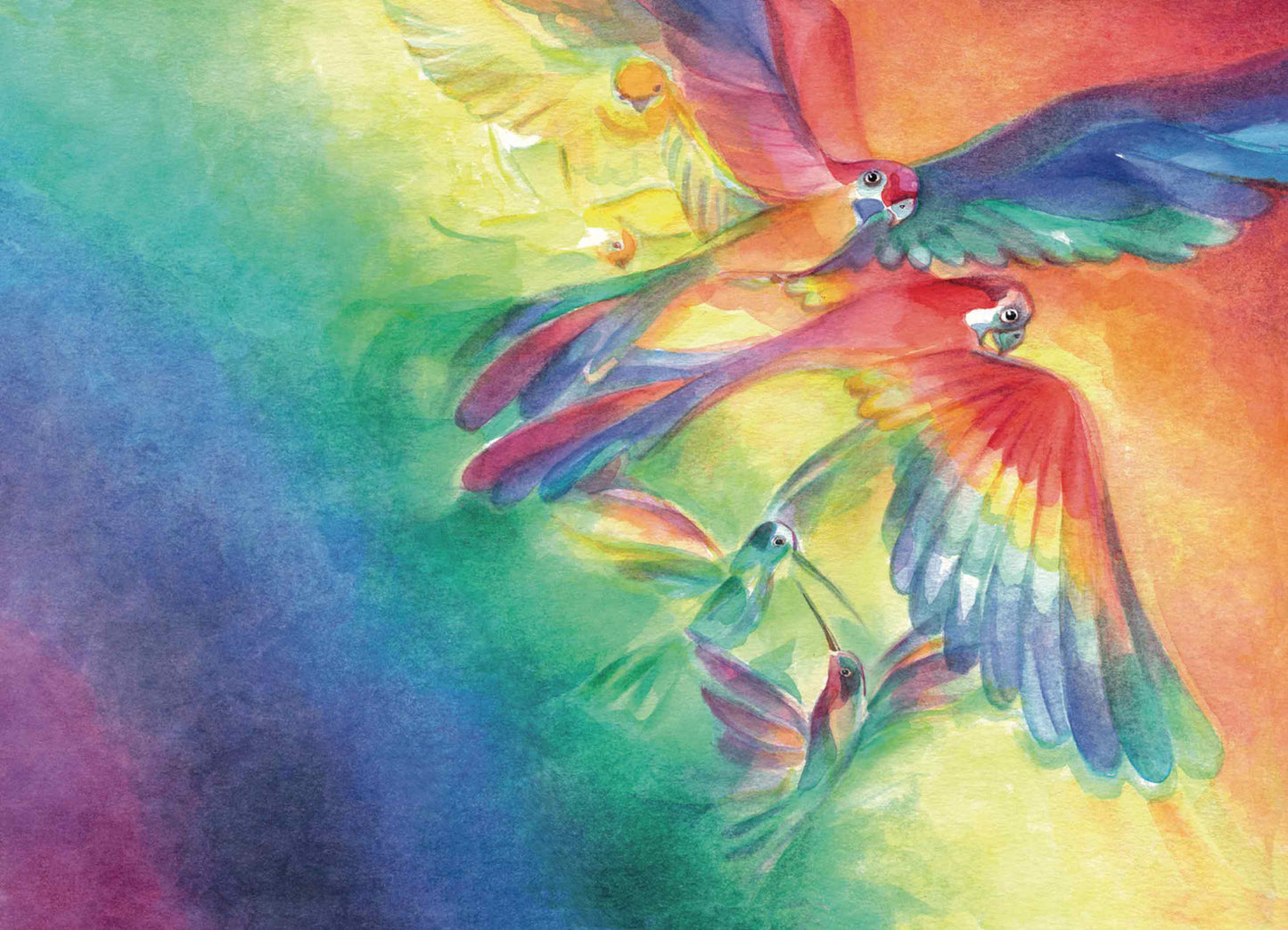 Postkarte Der Regenbogen von Marie Laure Viriot mit zwei Aras und zwei Kolibris vor farbenfrohem Aquarell-Hintergrund