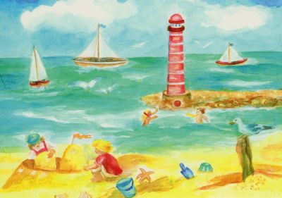 Waldorf Postkarte Der Sommer von Dorothea Schmidt – Kinder am Strand mit Leuchtturm