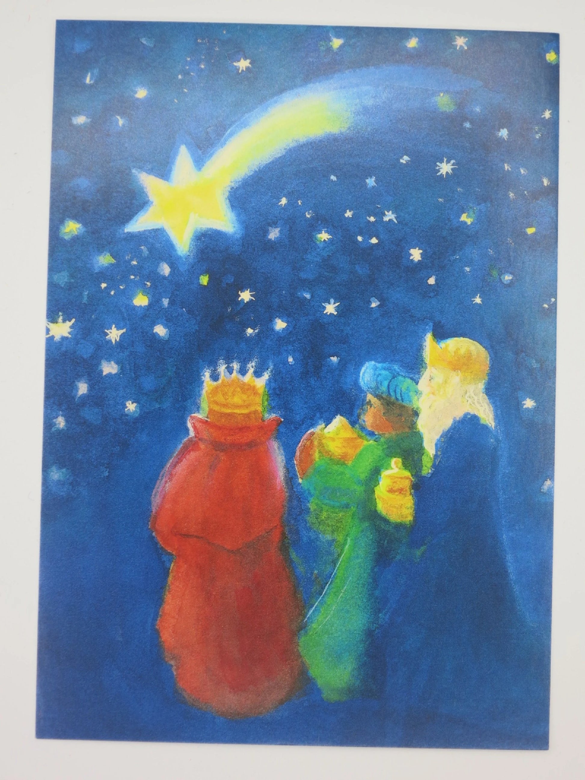 Postkarte fuer Kinder: Heilige Drei Koenige blicken zum Stern am Nachthimmel, Postkarte von Dorothea Schmidt