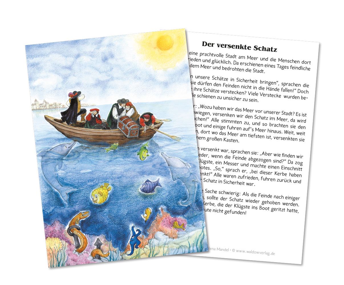 Verschickgeschichte Der versenkte Schatz von Milena Mandel: Ruderboot mit Schatztruhe über einem Korallenriff