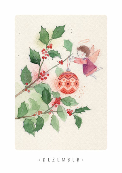 Dezember-Adventspostkarte mit Stechpalme und Engel, Stefanie Messing, Waldorf Jahreszeitentisch