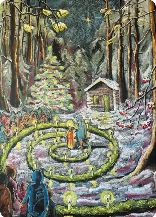 Waldorf Postkarte Dezemberlicht von Geertje Kapteijns – Kinder am Adventsgärtlein im Winterwald, PKWI305