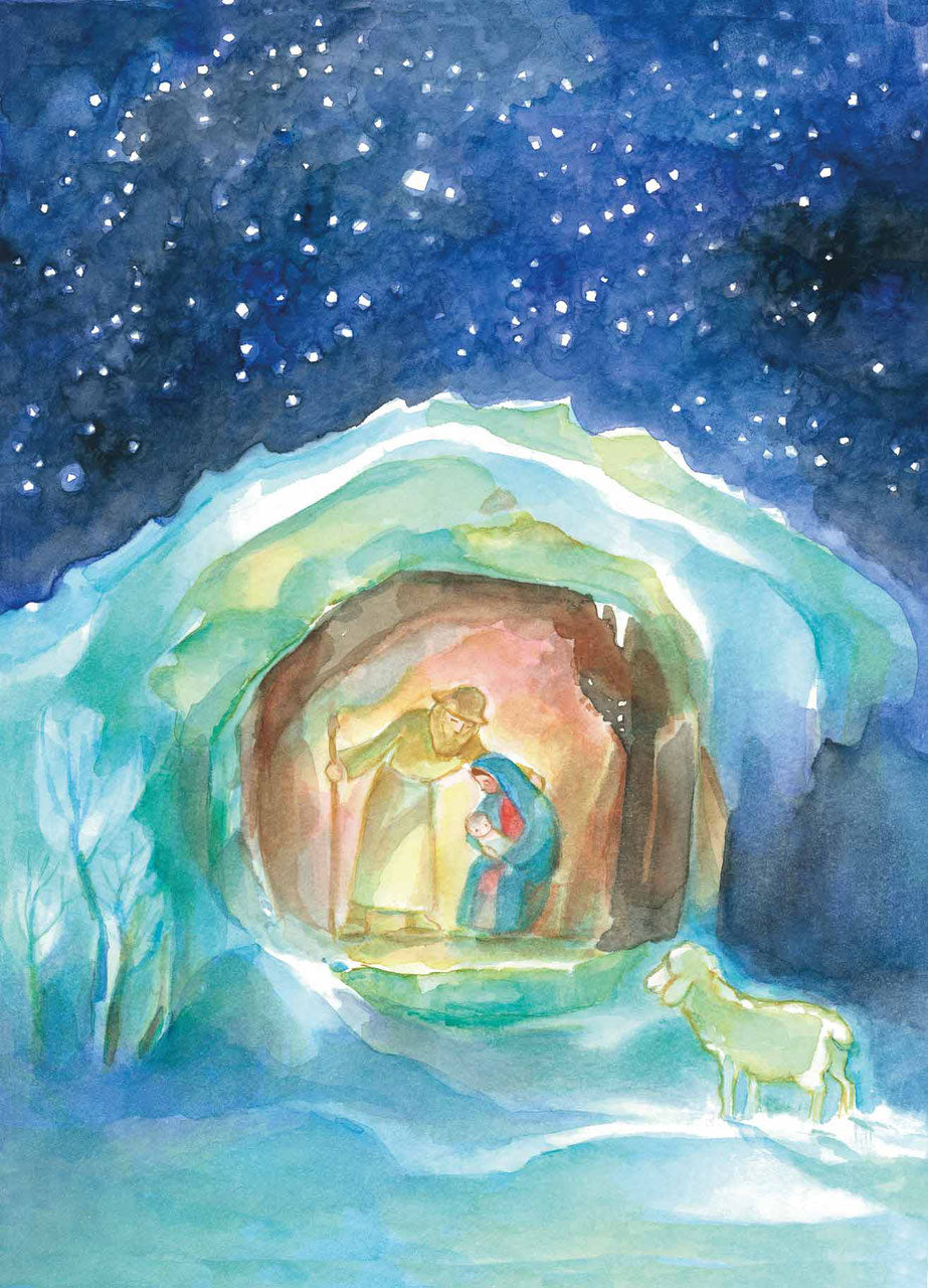Kunstpostkarte Die heilige Familie von Marie Laure Viriot – Josef, Maria und Kind in Eishöhle, PKWI83