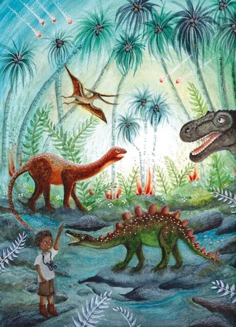 Postkarte Dino Abenteuer von Bijdehansje: Kind mit Fernglas entdeckt Dinosaurier zwischen Palmen