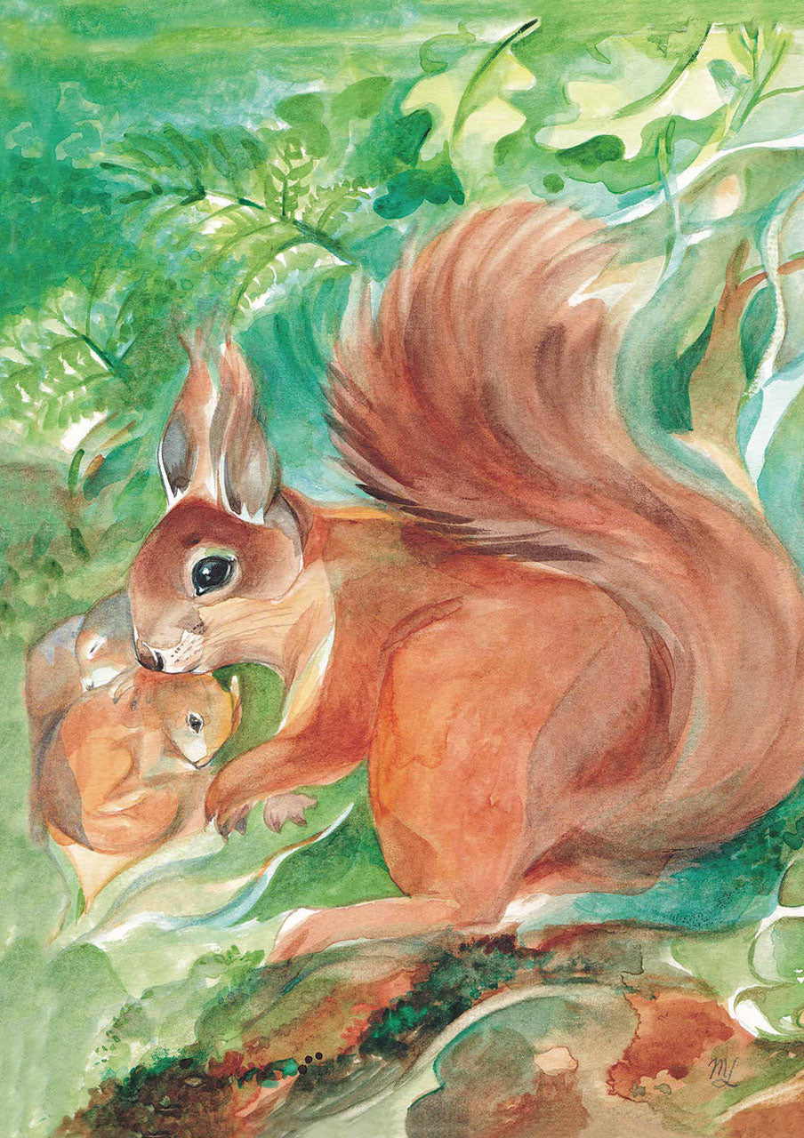 Aquarell-Postkarte Eichhornliebe: Eichhörnchenmutter mit zwei Jungtieren, Marie Laure Viriot, Art. PKHE9