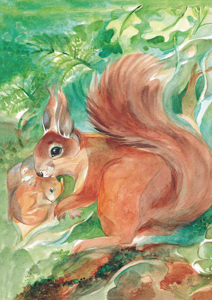 Aquarell-Postkarte Eichhornliebe: Eichhörnchenmutter mit zwei Jungtieren, Marie Laure Viriot, Art. PKHE9