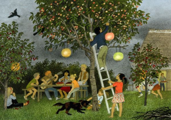Postkarte Eine besondere Party von Gerda Muller: Familienfeier im Garten unter dem Kirschbaum