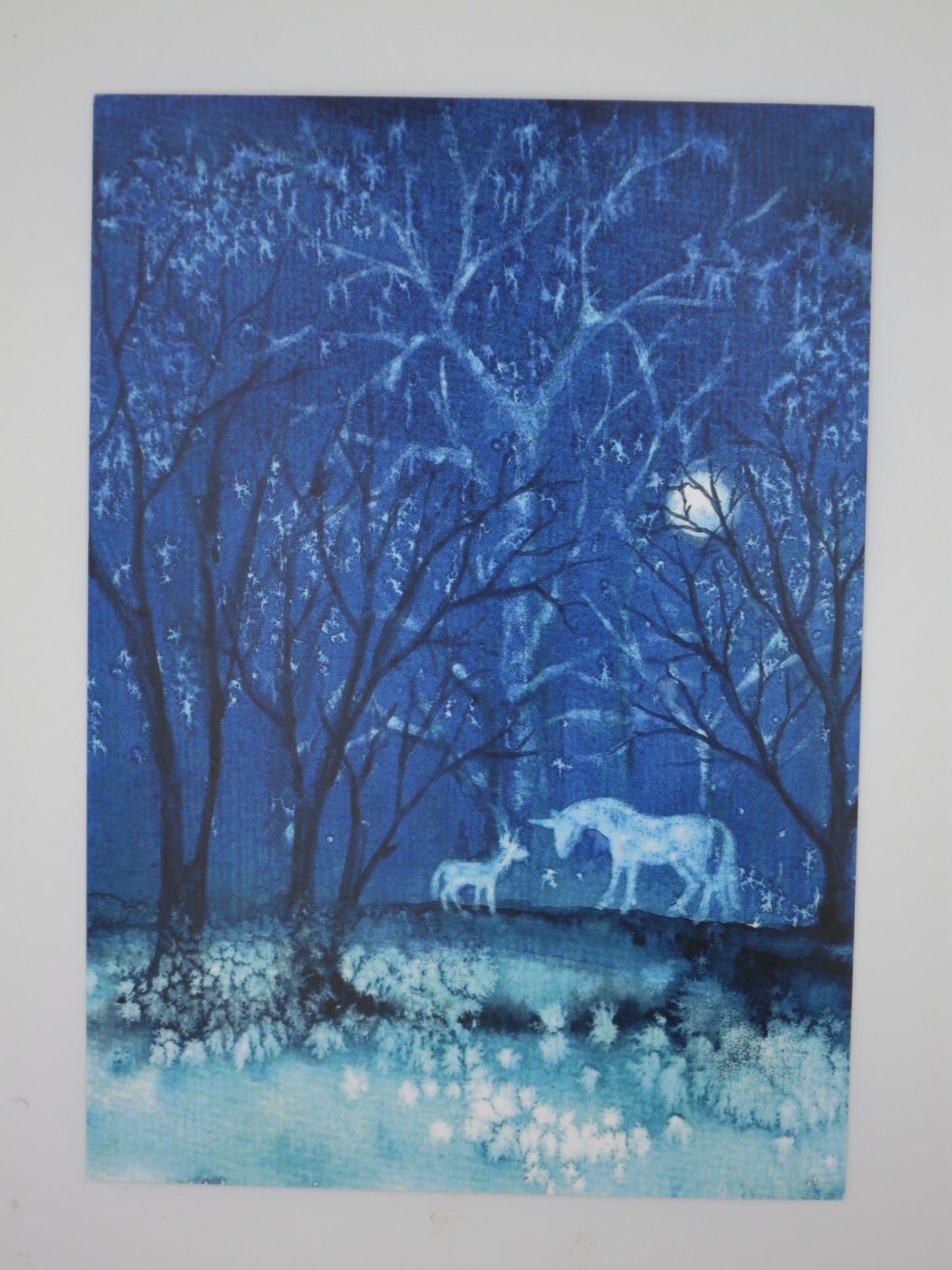 Postkarte Einhoerner im Silberwald von Anna Hunold, zwei leuchtende Einhoerner im mondbeschienenen Winterwald