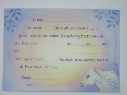 Rückseite der Einhorn-Einladungskarte mit Ausfüllformular für Datum, Uhrzeit und Ort – Einladungskarte GK30