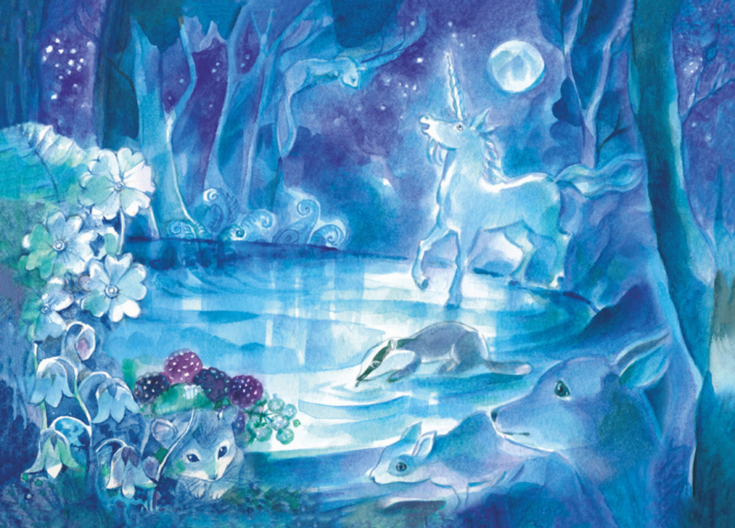 Postkarte Einhorn an der Zauberquelle von Marie Laure Viriot: leuchtendes Einhorn am mondbeschienenen Waldteich mit Dachs und Hasen