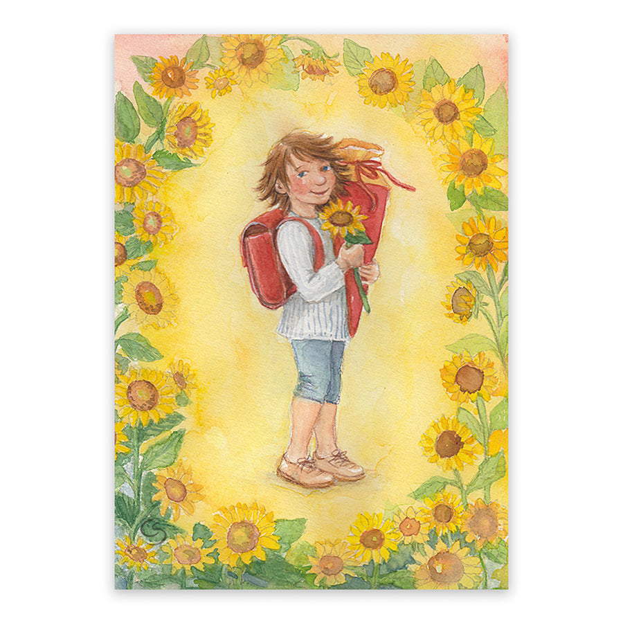 Postkarte Einschulung Maedchen von Corinna Schwerdtfeger – Maedchen mit Schultuete im Sonnenblumenkranz