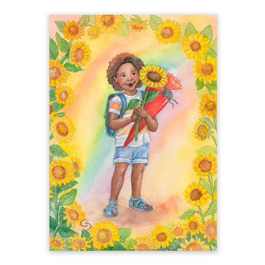 Postkarte Einschulung von Corinna Schwerdtfeger – Junge mit Schultüte im Sonnenblumenkranz