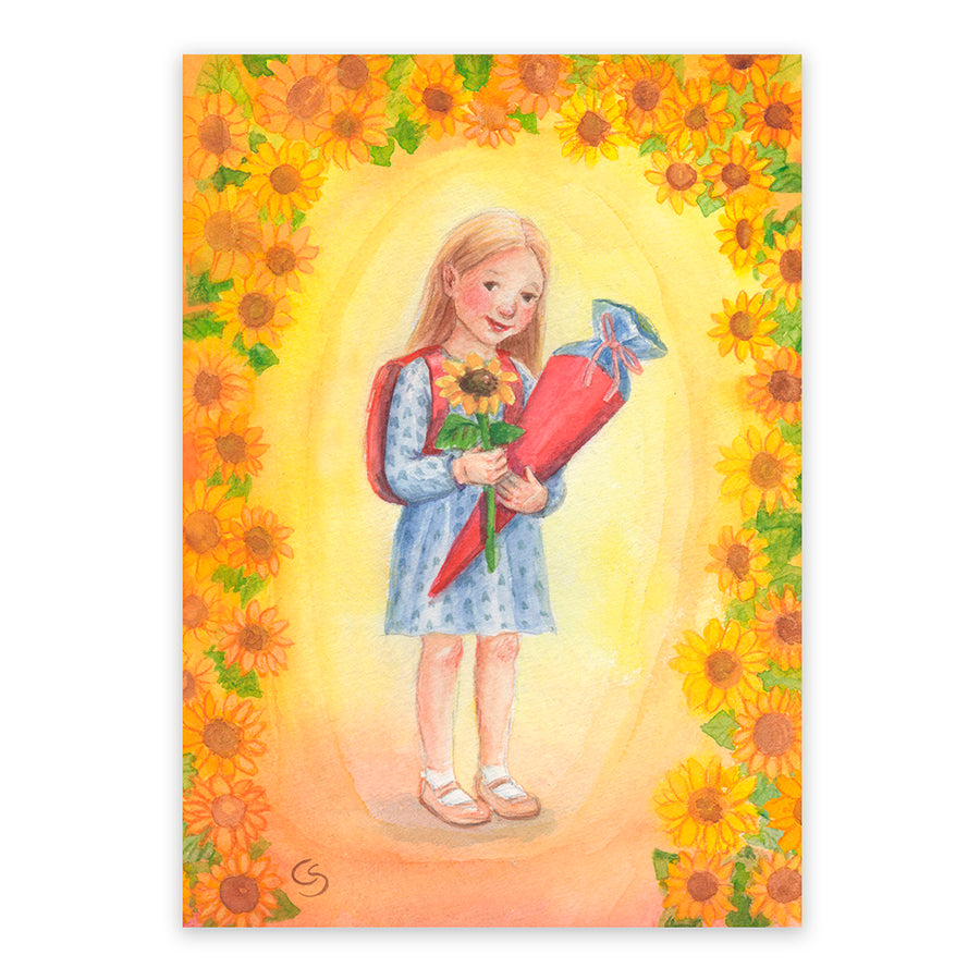Postkarte Einschulung von Corinna Schwerdtfeger: Maedchen mit Schultuete im Sonnenblumenkranz