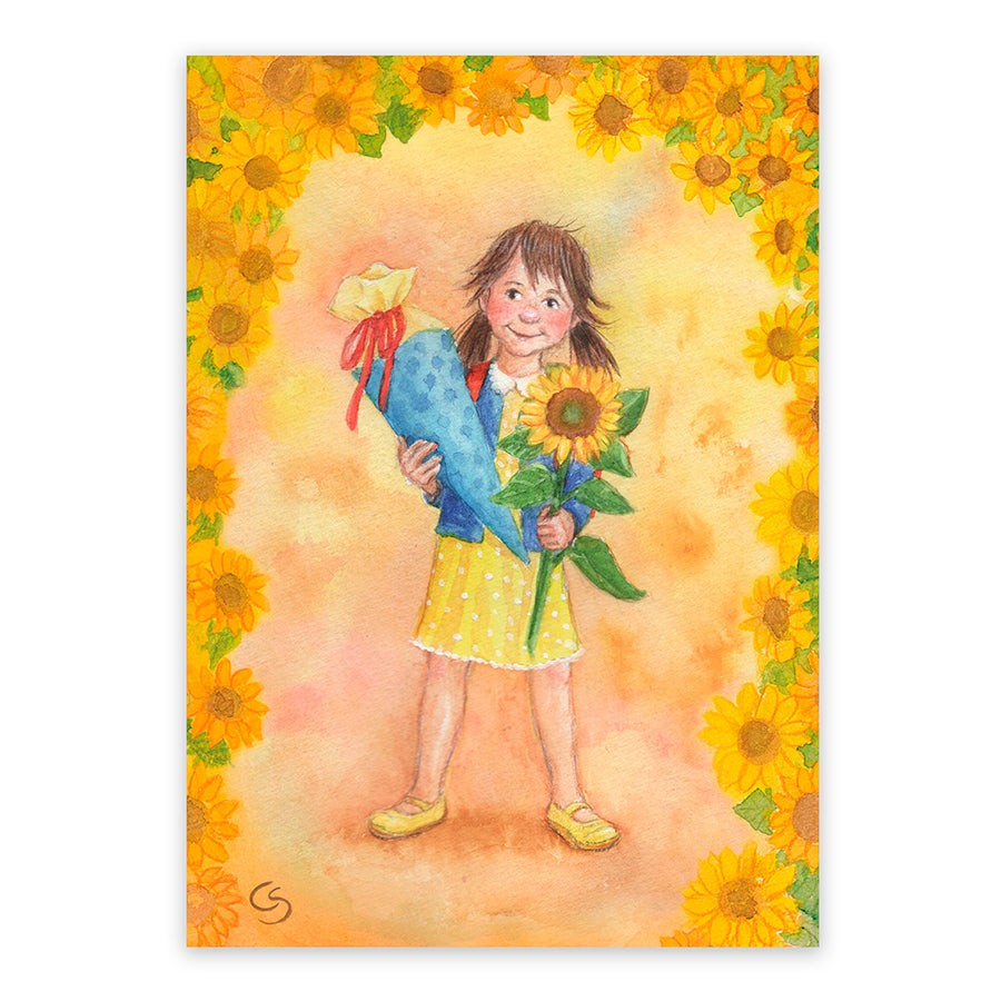 Postkarte Einschulung von Corinna Schwerdtfeger: Maedchen mit Schultuete und Sonnenblumenstrauss im Sonnenblumenkranz