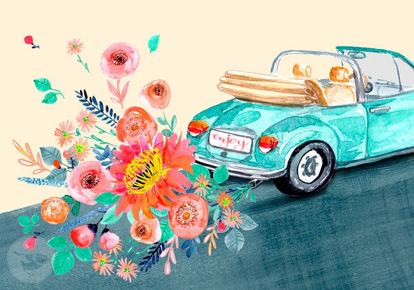 Postkarte Enjoy: Cabrio-Oldtimer mit Blumenstrauß – PKGR68