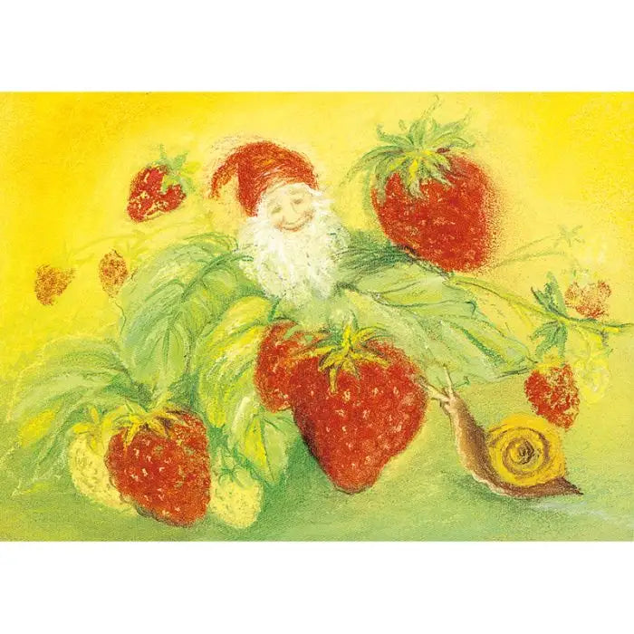 Waldorf Postkarte Erdbeerzwerg von Marjan van Zeyl – Wichtel zwischen Erdbeeren mit Schnecke