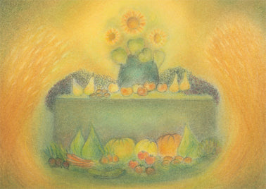 Postkarte Erntedank: Erntetisch mit Sonnenblumen, Kürbis und Erntekrone, Ruth Elsässer, Art. PKHE69