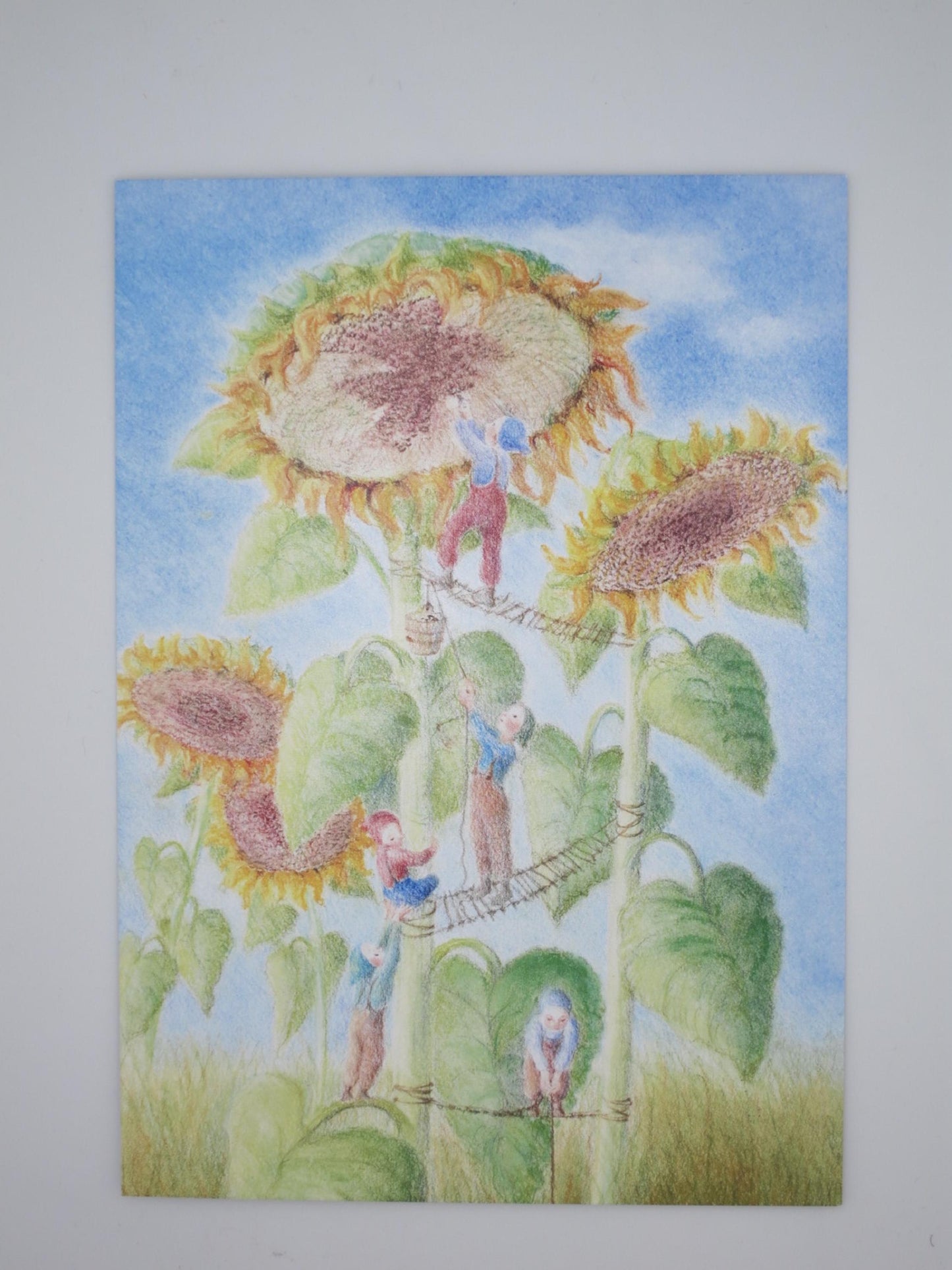 Waldorf Postkarte Erntezeit von Monika Speck mit Wichteln, die Sonnenblumenkerne auf riesigen Sonnenblumen ernten