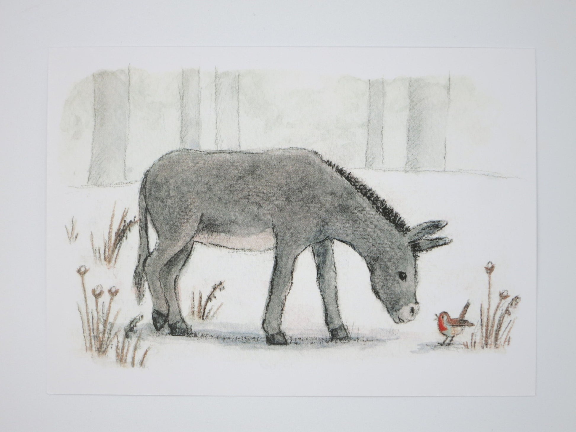 Kunstpostkarte Esel und Rotkehlchen von Monika Obser – Esel und Rotkehlchen im Schnee, PKWI283