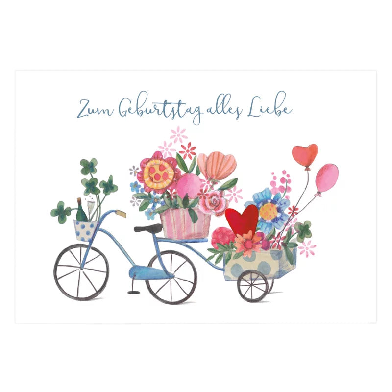 Geburtstagskarte mit Fahrrad voller Blumen, Sekt und Luftballons – Zum Geburtstag alles Liebe GK10