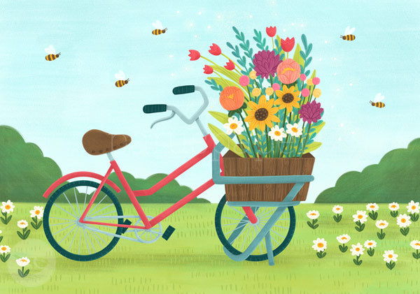 Postkarte Fahrrad mit Blumenkiste auf dem Weg zur Blumenwiese – PKGR73