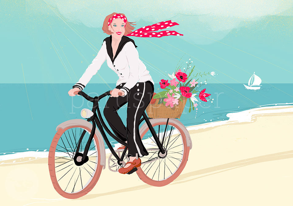 Postkarte Mit Fahrrad und Frischluft: Radfahrerin am Strand – PKGR67