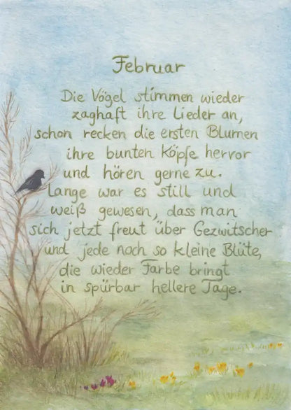 Monatspostkarte Februar von Christiane Cousquer – Vogel und Krokusse mit Gedicht, PKWI304