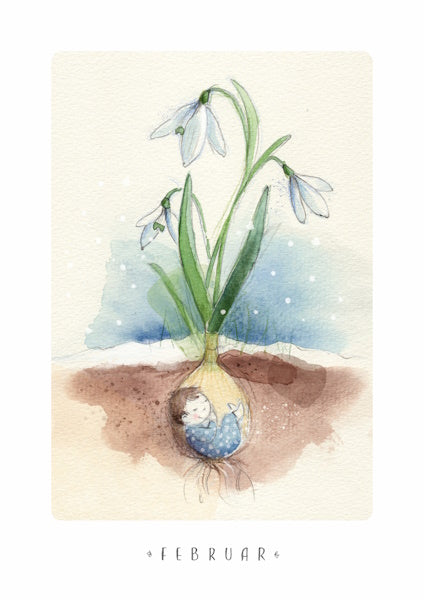 Kunst-Postkarte fuer Kinder: schlafendes Kind in Schneegloeckchenzwiebel, Monatskarte Februar von Stefanie Messing
