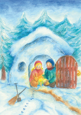 Kunst-Postkarte fuer Kinder: zwei Kinder mit Hase und Laterne vor Schneehaus, Winterpostkarte von Ilona Bock