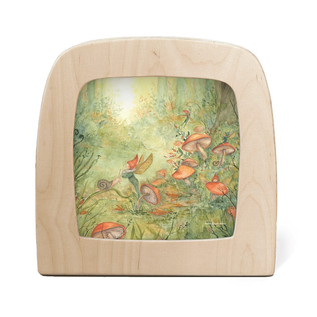 Toverlux Motiv Feenwald MO168: geflügelte Elfen zwischen orangebraunen Pilzen und Hagebutten, für den Waldorf Jahreszeitentisch im Herbst, Illustration von Anne Illustraties.
