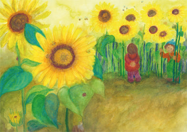 Zu zweit im Sonnenblumenfeld - Postkarte - Waldorf  Art.Nr PKSO97
