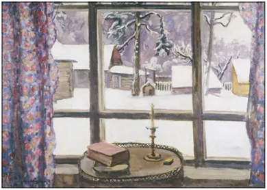 Kunstpostkarte Fenster des Dichters von Pjotr Petrowitsch Kontschalowski – Fensterblick auf Winterdorf, PKWI289