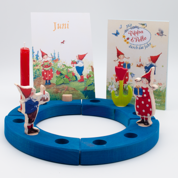 GRIMM'S Feste-Ring blau mit Pippa- und Pelle-Steckfiguren und Postkartenbuch – Jubiläumsset Geburtstage feiern GK36