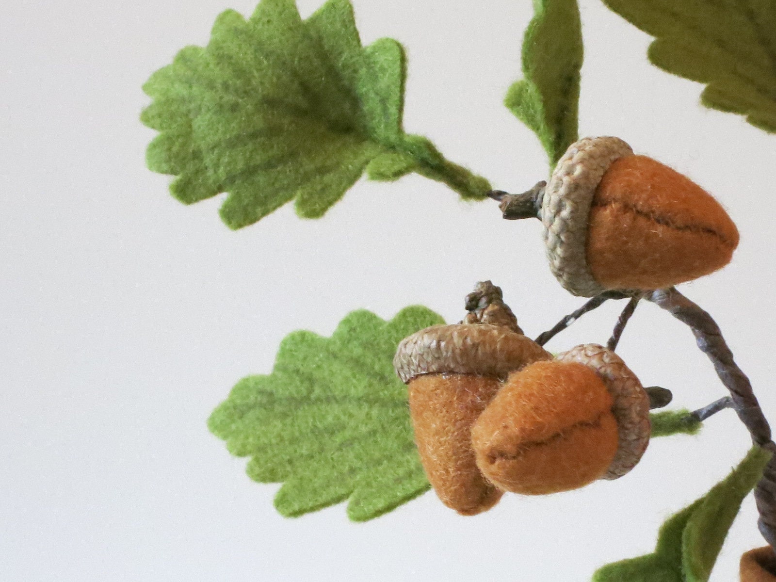 Nahaufnahme handgefertigter brauner Filzeicheln mit grauen Kappen und grünen Eichenblättern am Herbst-Blumenkind
