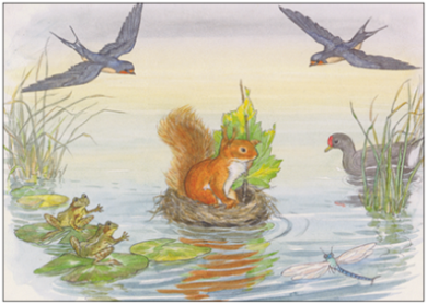 Eichhörnchen auf Floßfahrt - Postkarte -  Art.Nr.PKSO300