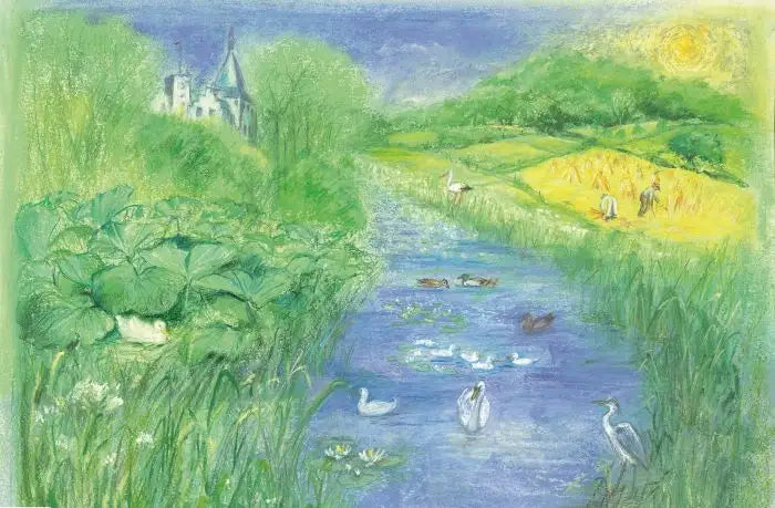 Waldorf Postkarte Flusslandschaft von Marjan van Zeyl – Reiher, Schwan und Erntefeld an einem Fluss