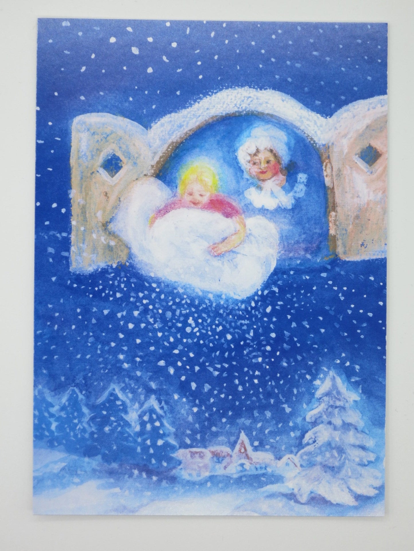 Kunstpostkarte Frau Holle von Dorothea Schmidt – Mädchen im Federbett, Schneefall, PKWI73