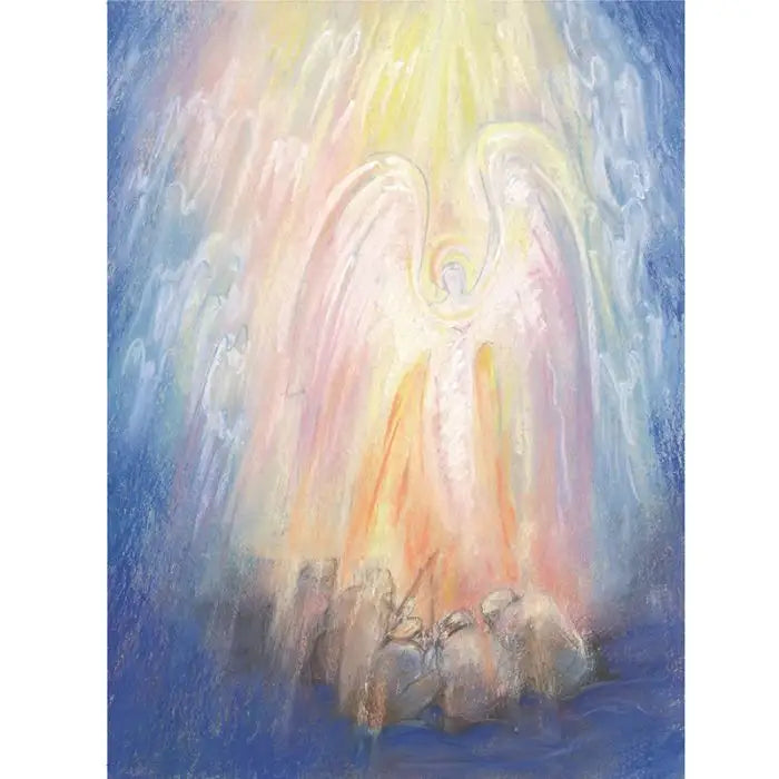 Postkarte Friede auf Erden von Marjan van Zeyl, Weihnachtsengel verkuendet den Hirten die frohe Botschaft