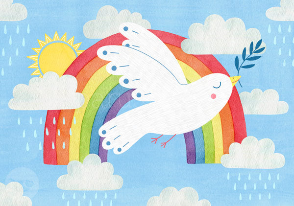 Postkarte Frieden: Taube mit Olivenzweig vor Regenbogen – PKGR74